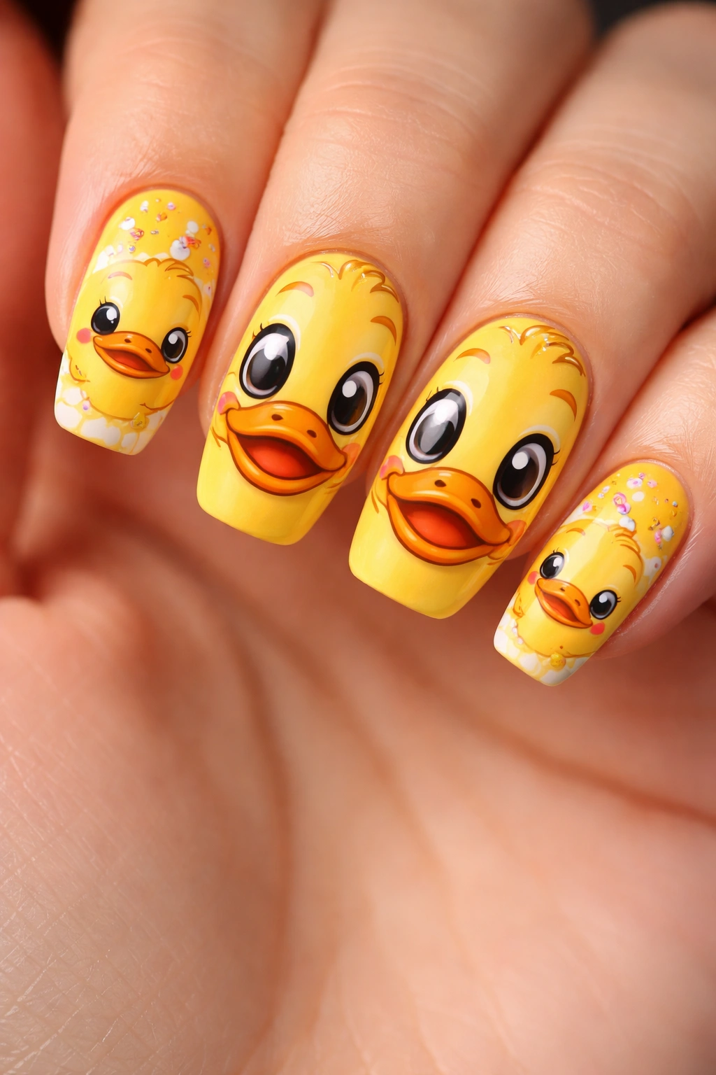 Nails with cartoon duck character design featuring oversized eyes and beak