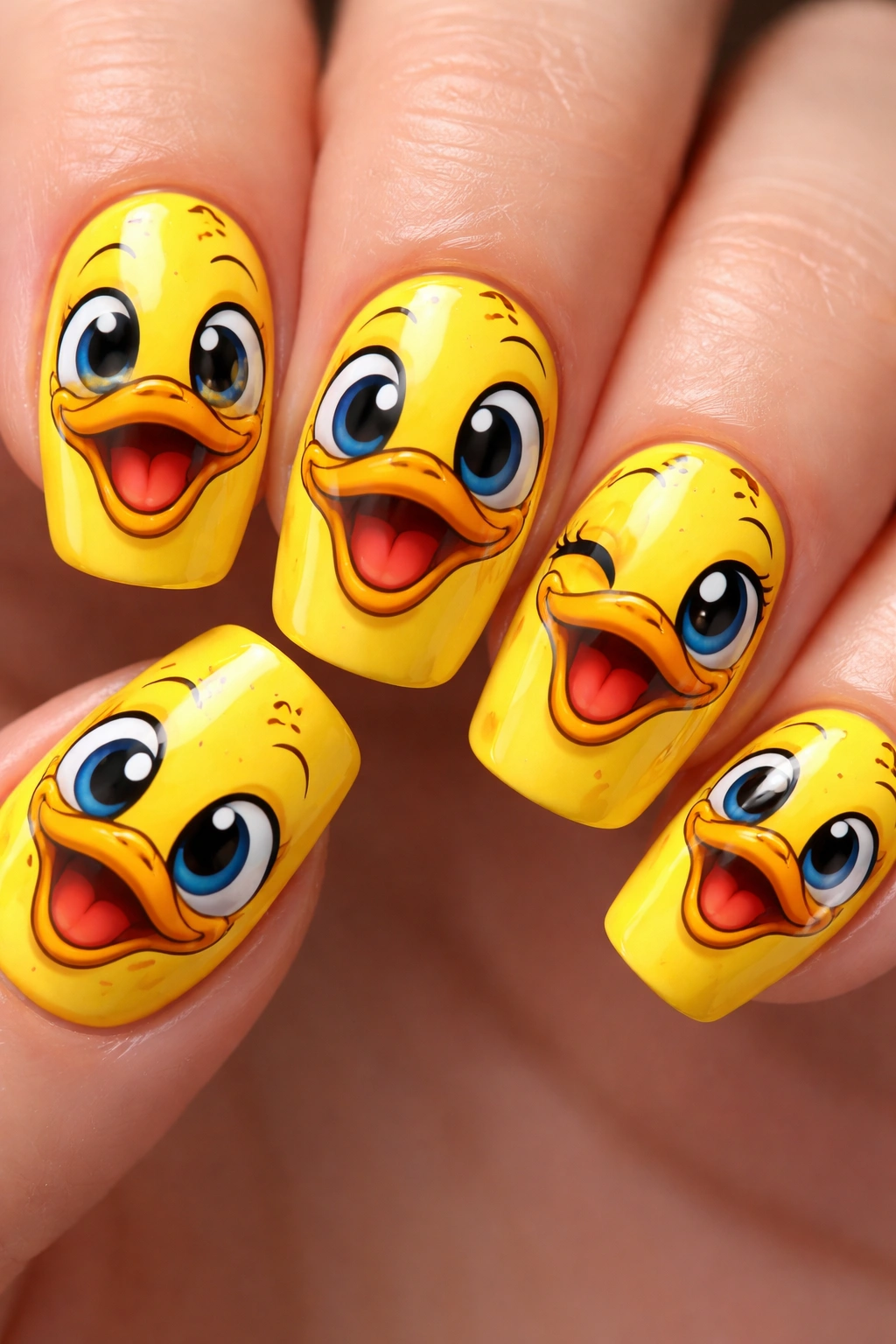 Nail art of cartoon ducks with exaggerated eyes and beaks