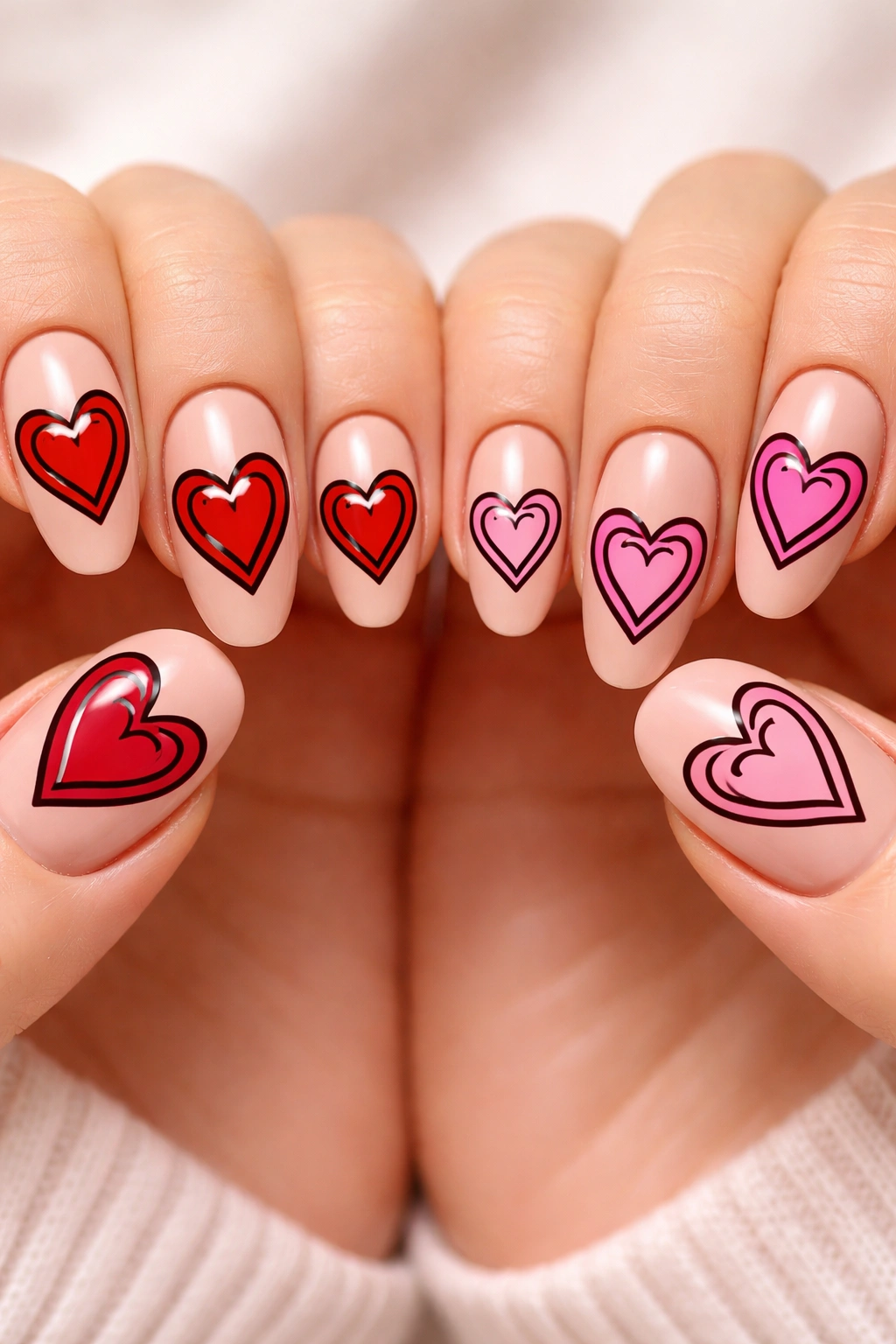 Close-up of nails with outlined cartoon hearts on nude base with double outlines