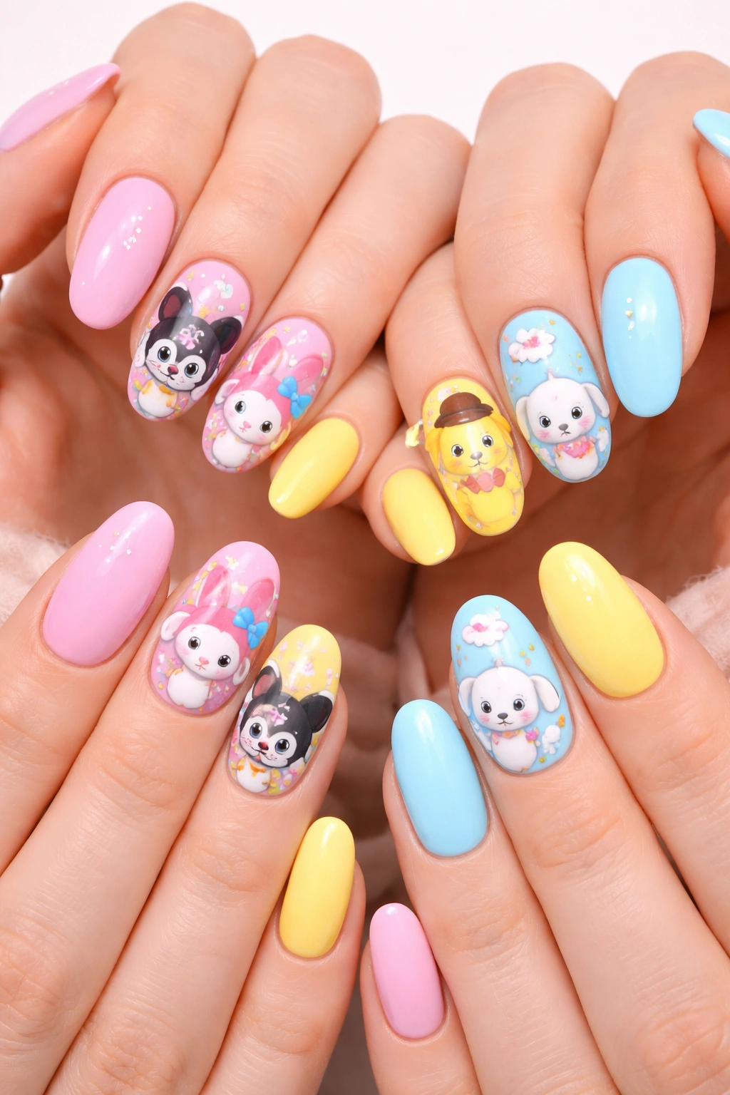 Close-up of hands with cartoon character accent nails on select nails