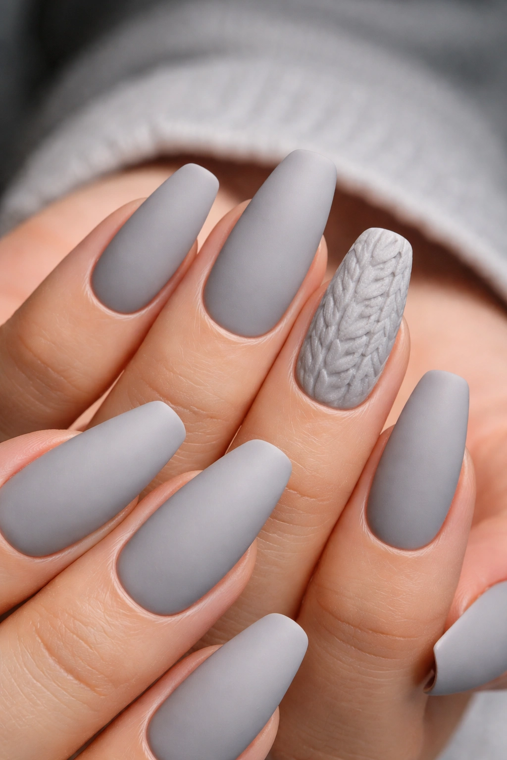 Cashmere matte grey nails with knit-textured accent nail