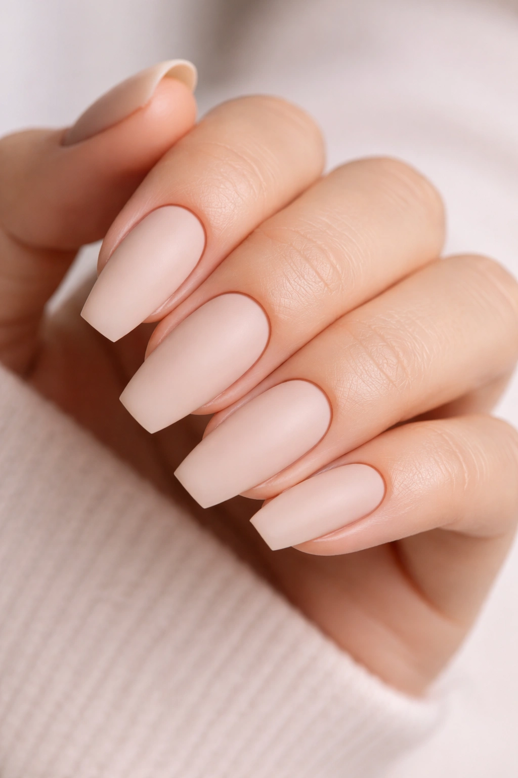 Medium-length cashmere nude matte ballerina nails with velvet texture