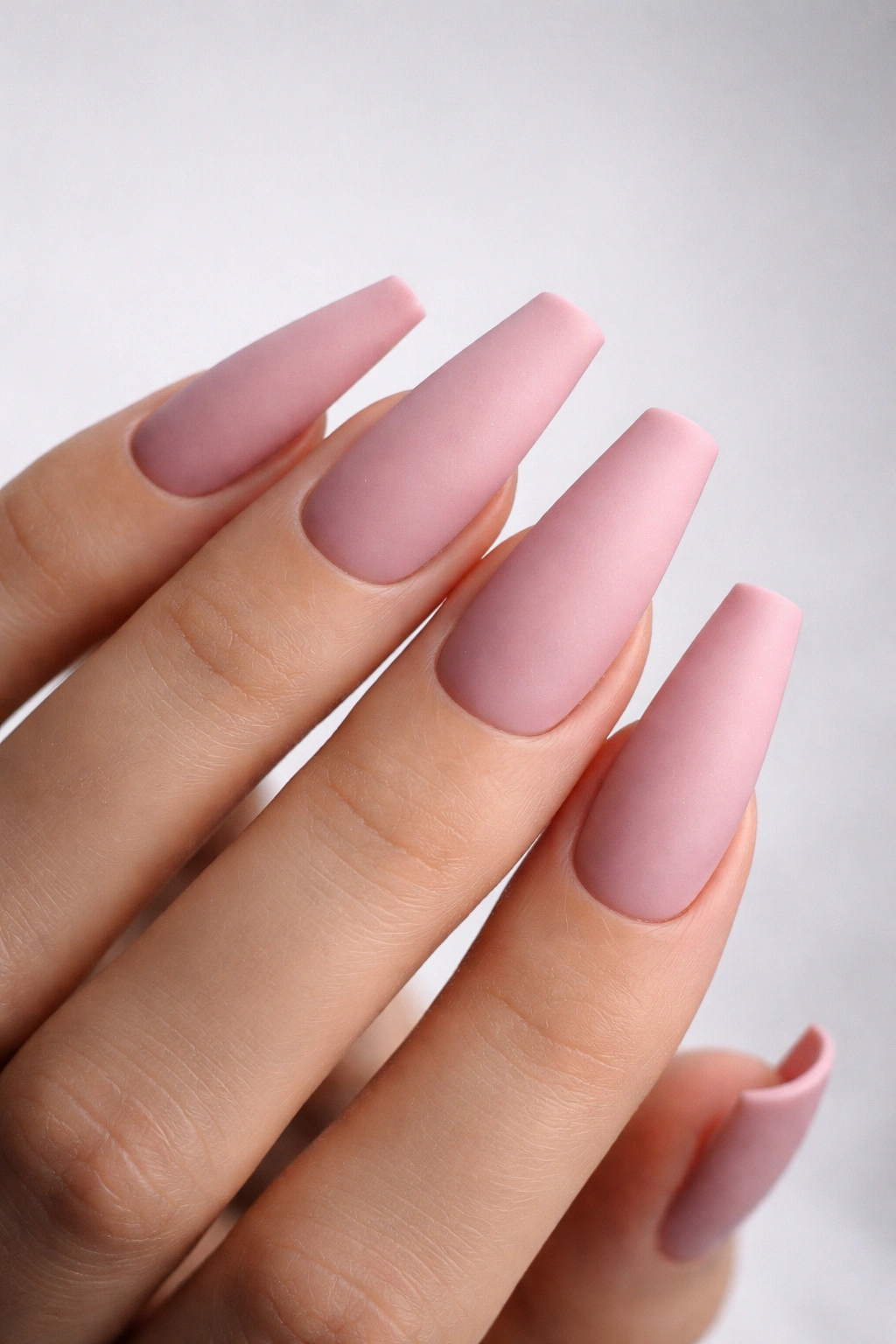 Close-up of cashmere pink matte ballerina nails showing velvety texture.