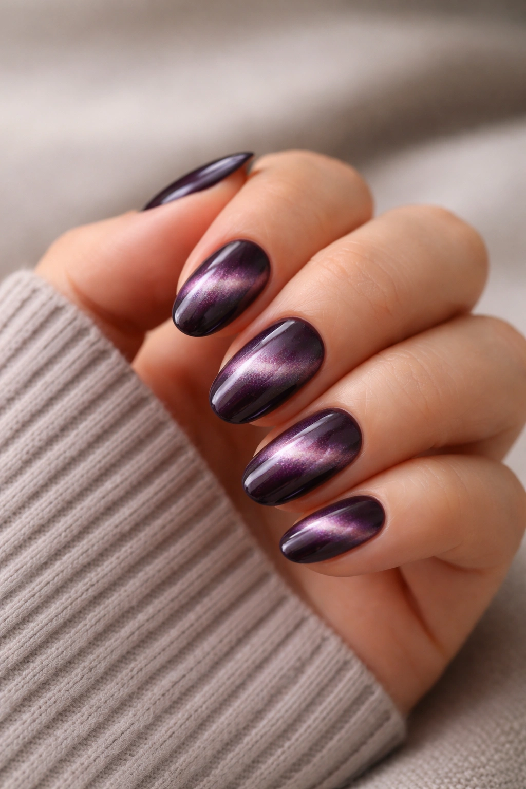 Close-up of short almond cat-eye nails with deep plum shimmer
