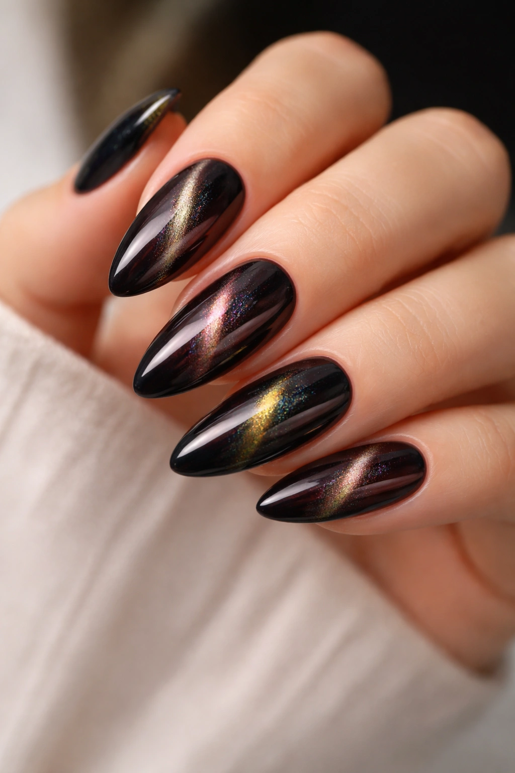 Close-up of cat eye almond nails with shifting magnetic stripe on deep base