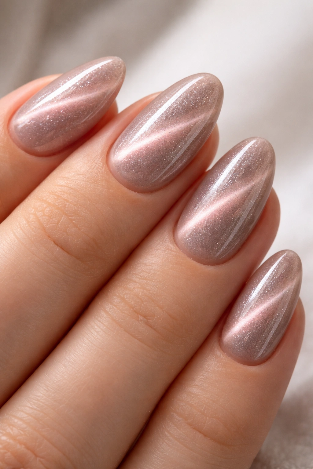 Close-up of short almond nails with velvet cat-eye shimmer and central reflective stripe