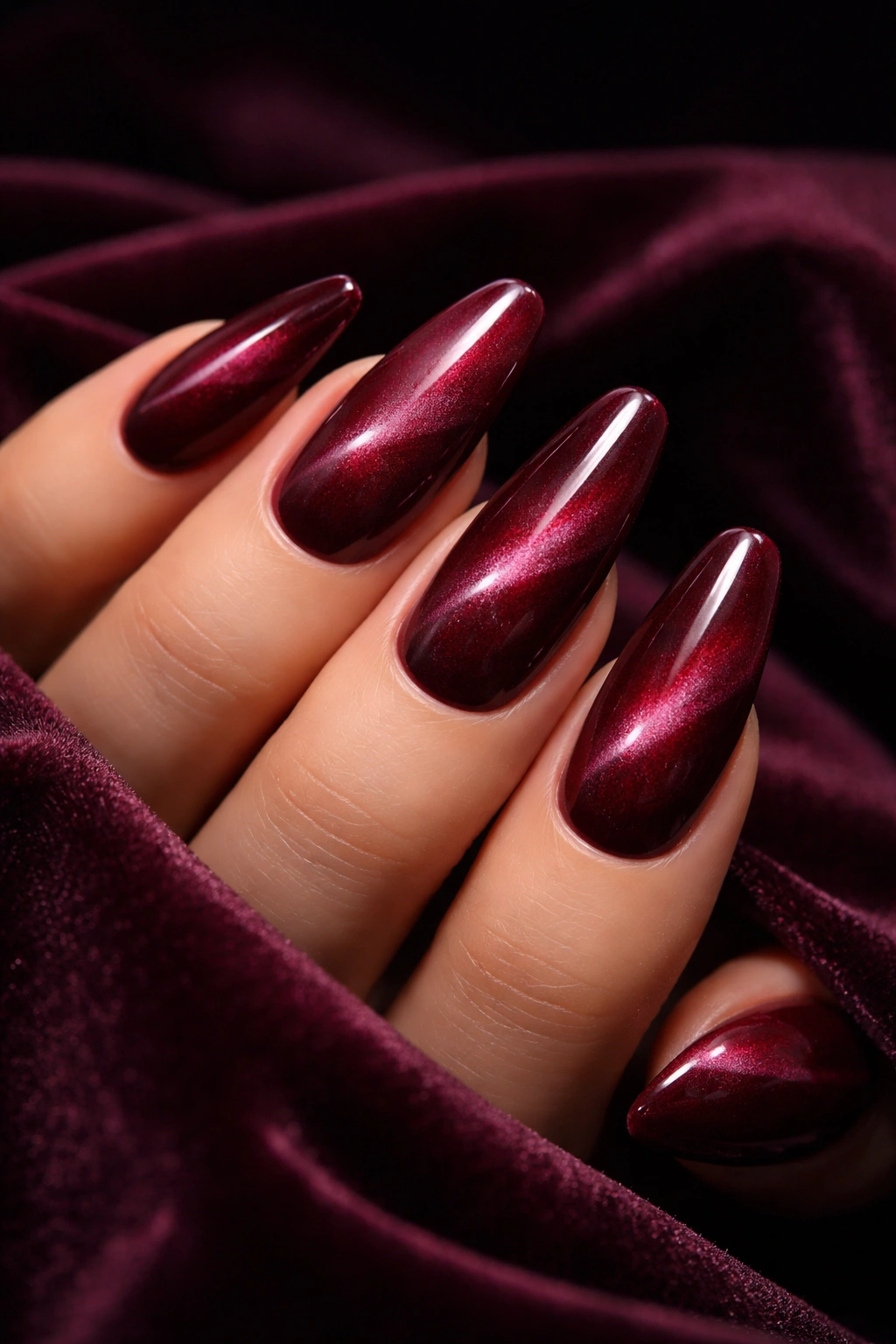 Close-up of burgundy cat-eye nails with light stripe