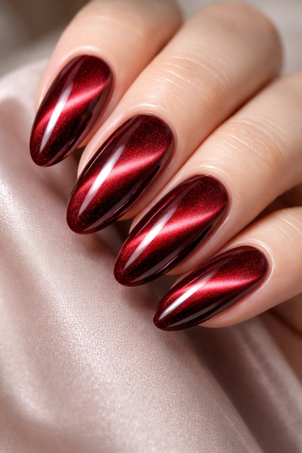 Close-up of velvet cat-eye burgundy nails showing magnetic stripe.