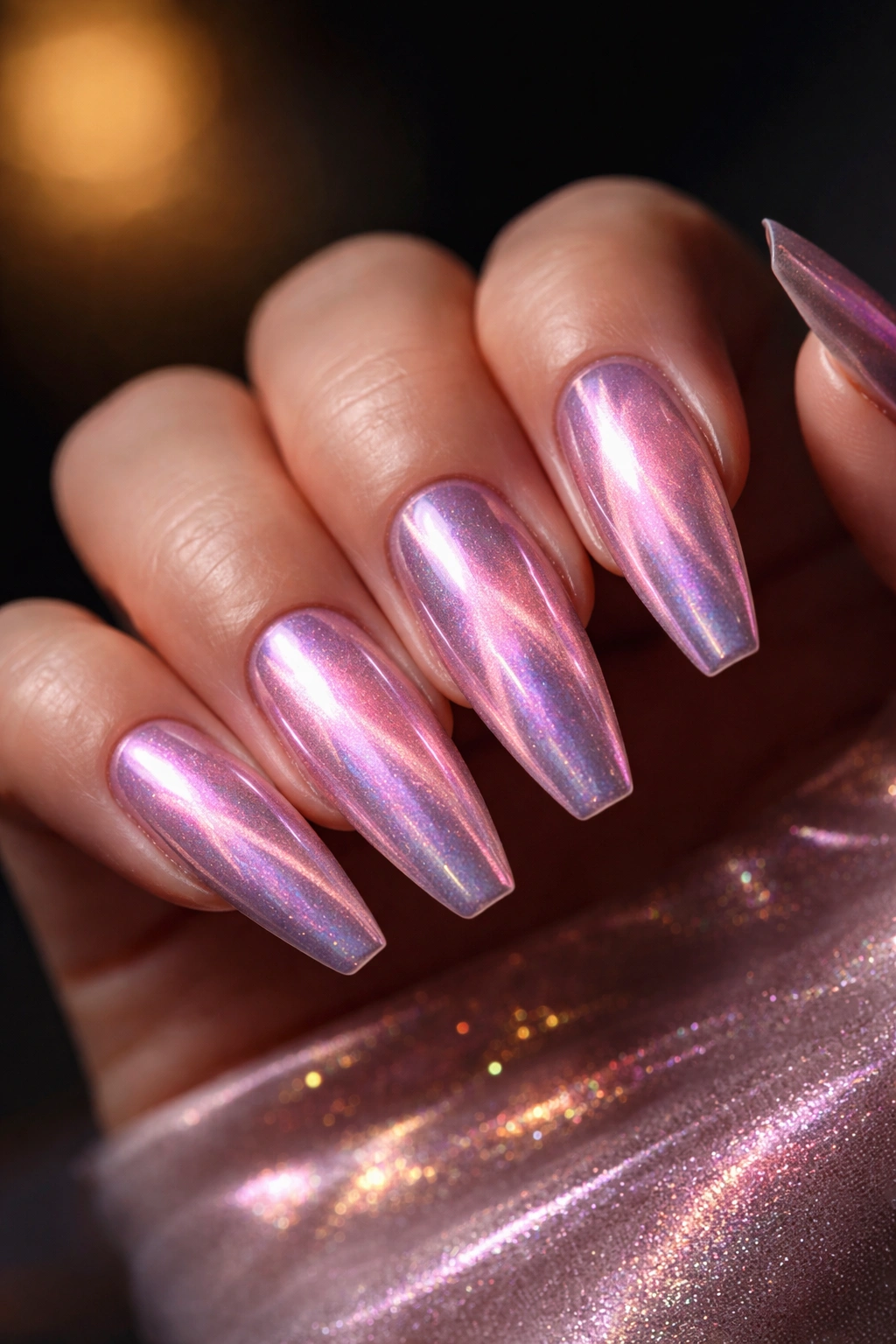 Cat-eye gel with iridescent pink chrome showing shifting reflections