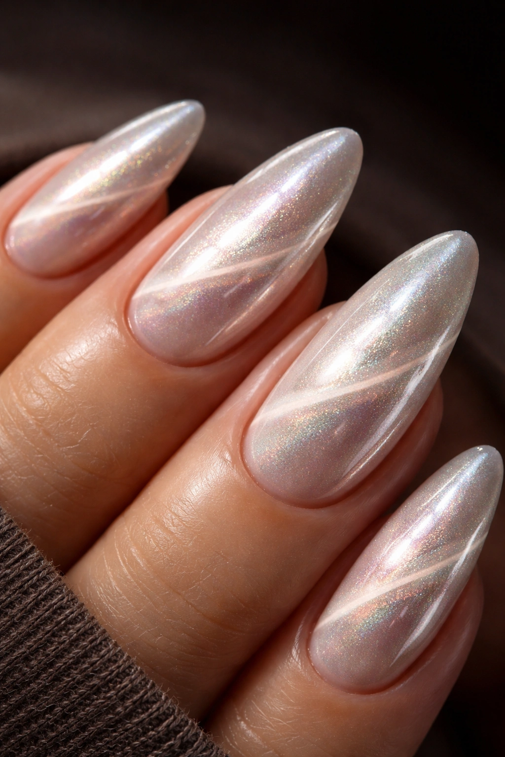 Close-up nails with glazed donut cat-eye effect showing a magnetic stripe on tips