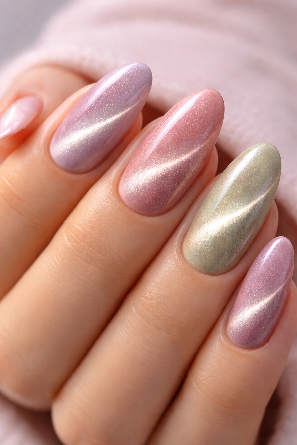 Close-up of cat-eye nails showing a shimmering light stripe across each nail