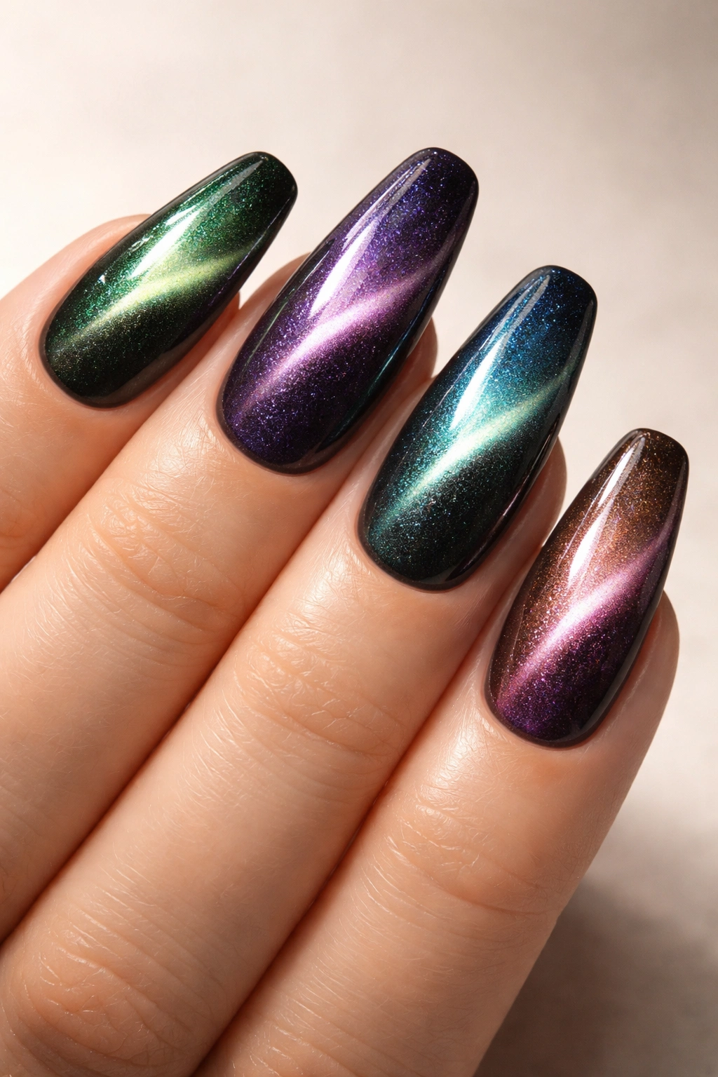 Close-up cat eye ombre nails with magnetic stripe and shimmer