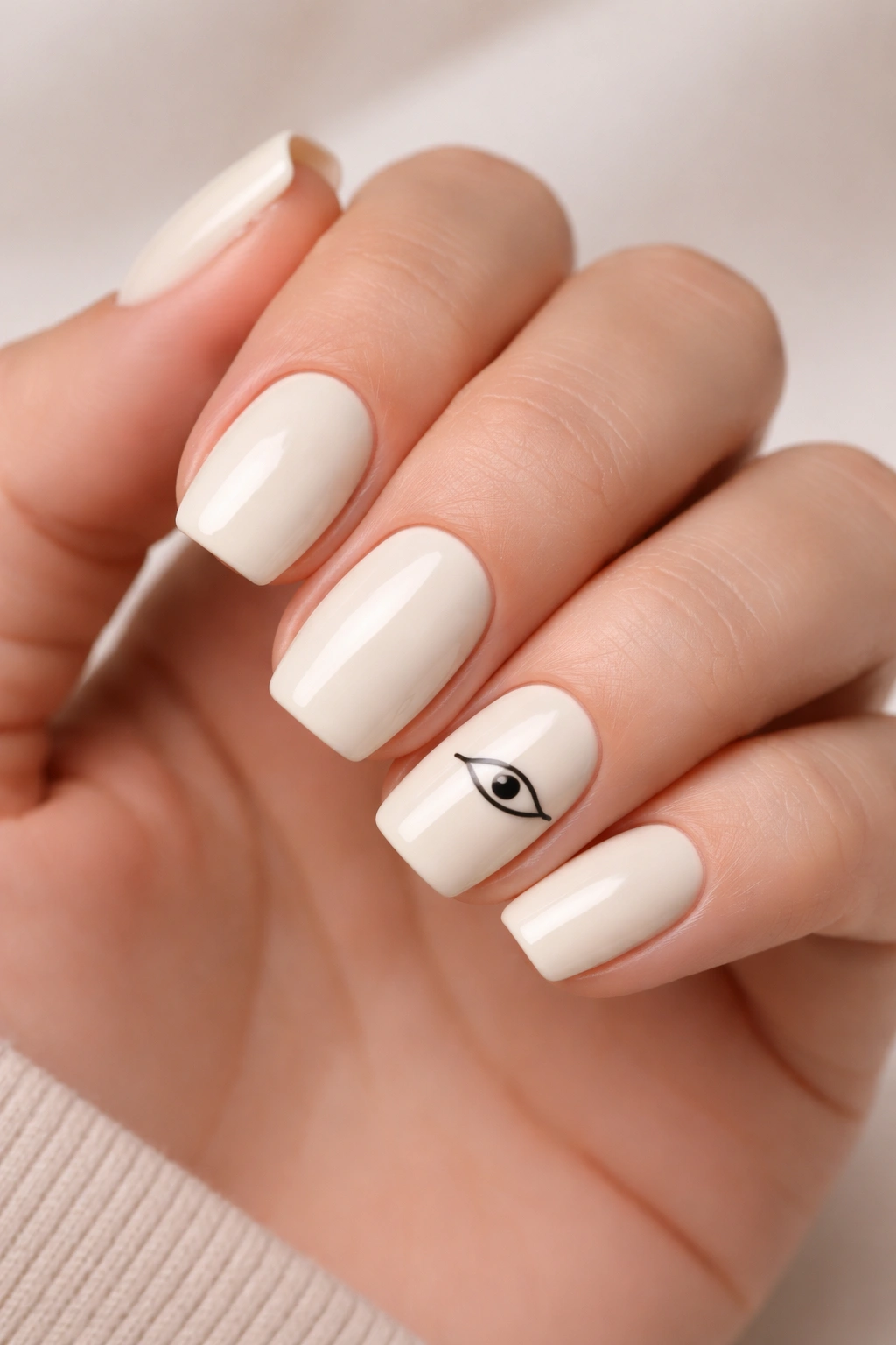 Cream nails with minimalist black cat-eye line art on a nail