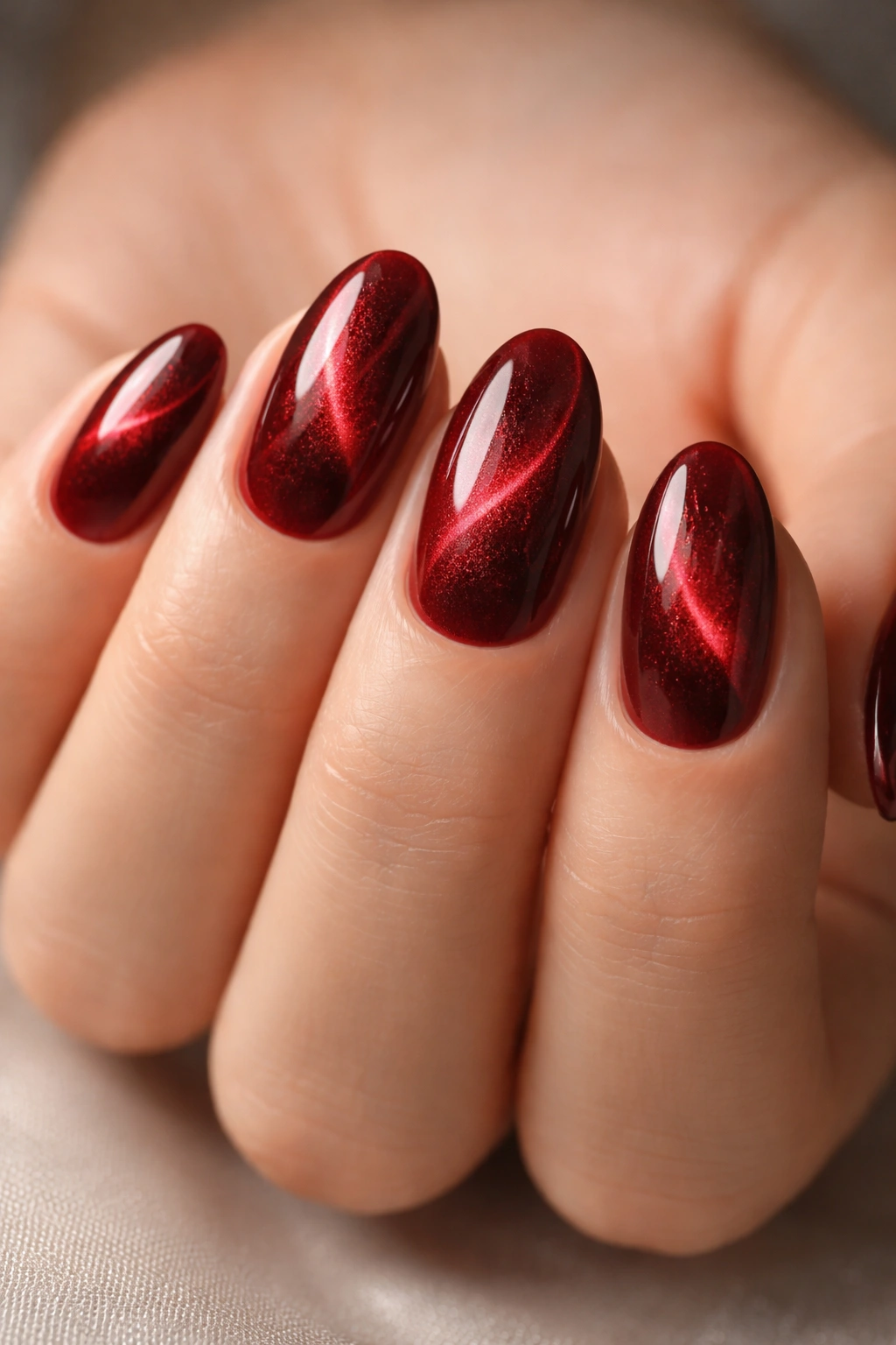 Short almond nails with cat-eye shimmer on cherry red