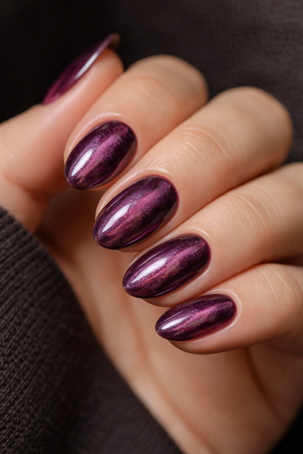 Close-up of velvet cat-eye almond nails with a magnetic line and deep berry shade