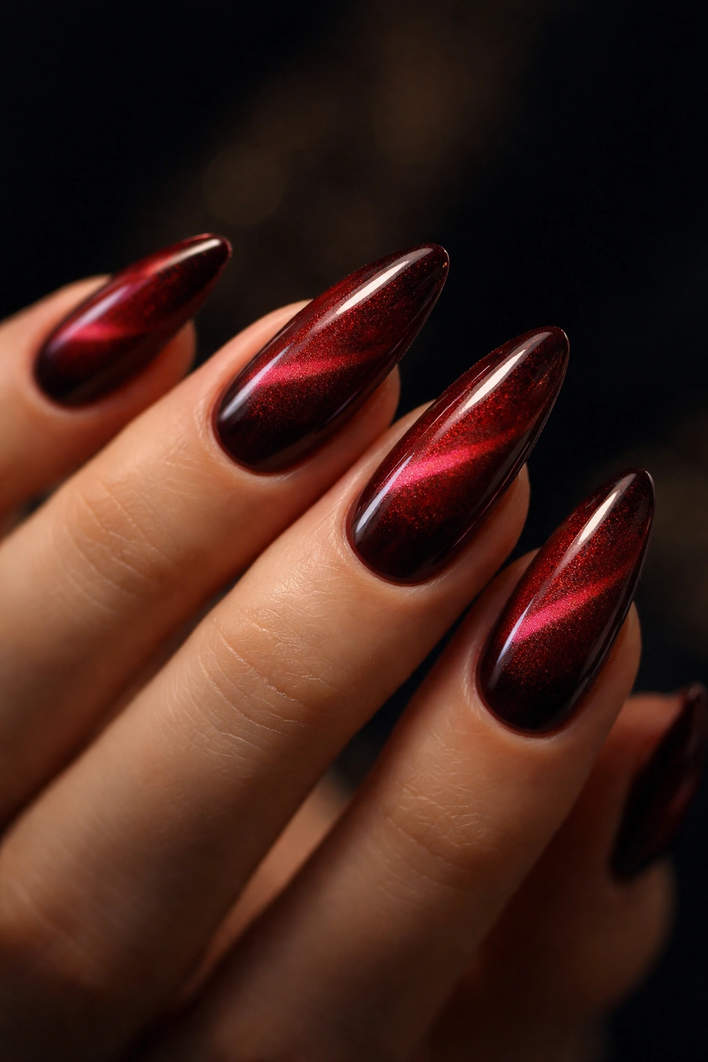 Deep red cat-eye almond nails with shifting shimmer under angled lighting