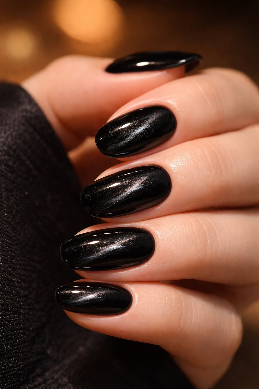 Close-up of short black nails showing cat-eye shimmer