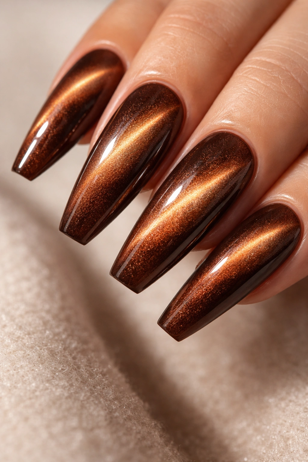 Close-up of brown cat-eye nails with a magnetic stripe across the surface