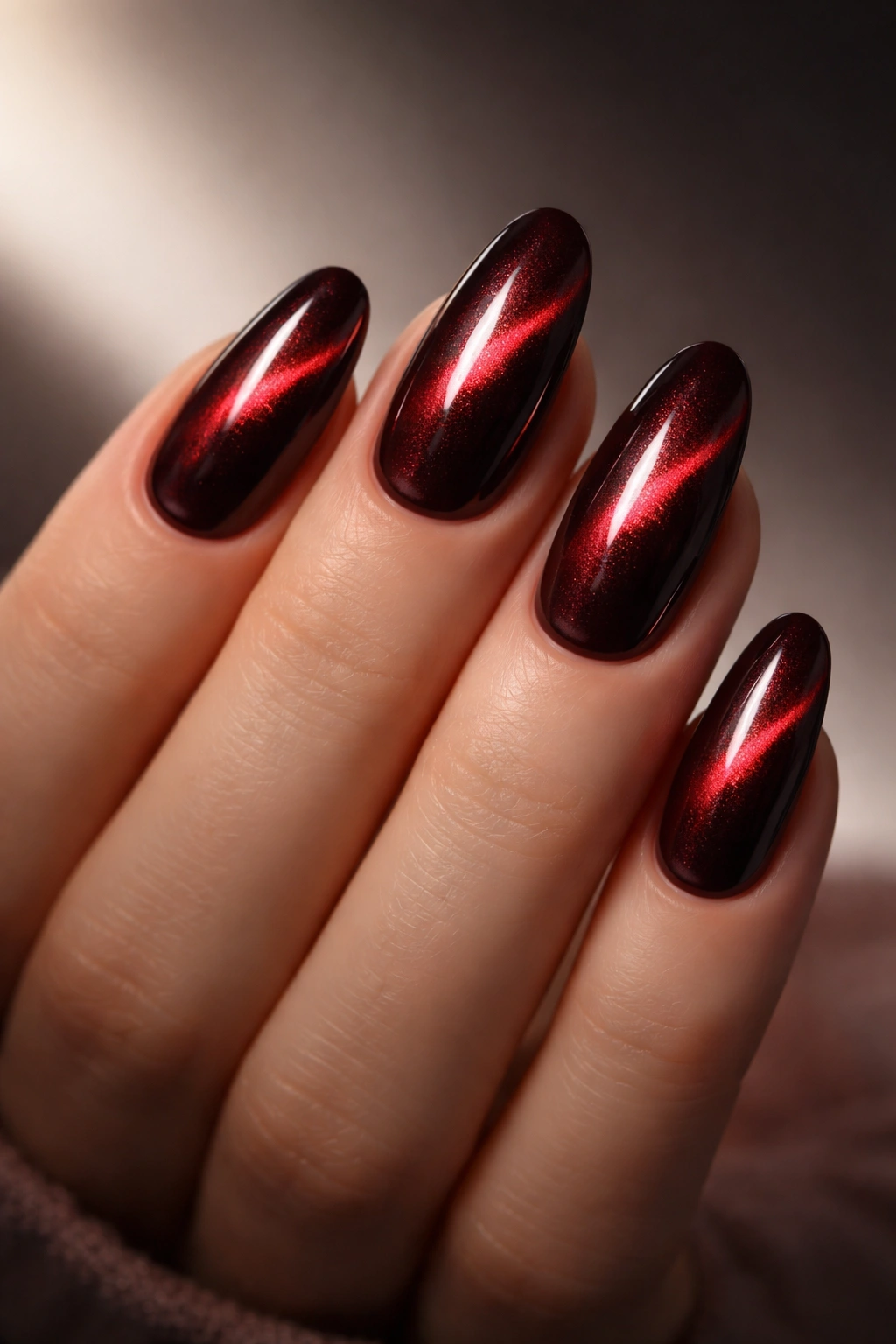 Close-up of dark red nails with a magnetic cat-eye stripe reflecting light on a hand