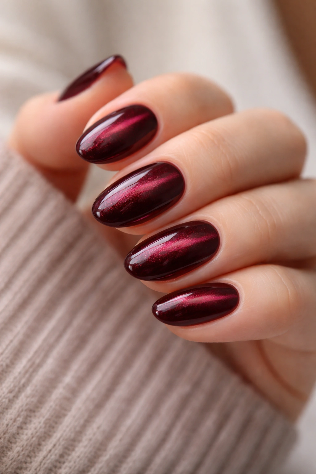 Close-up of short almond nails with burgundy cat-eye shimmer