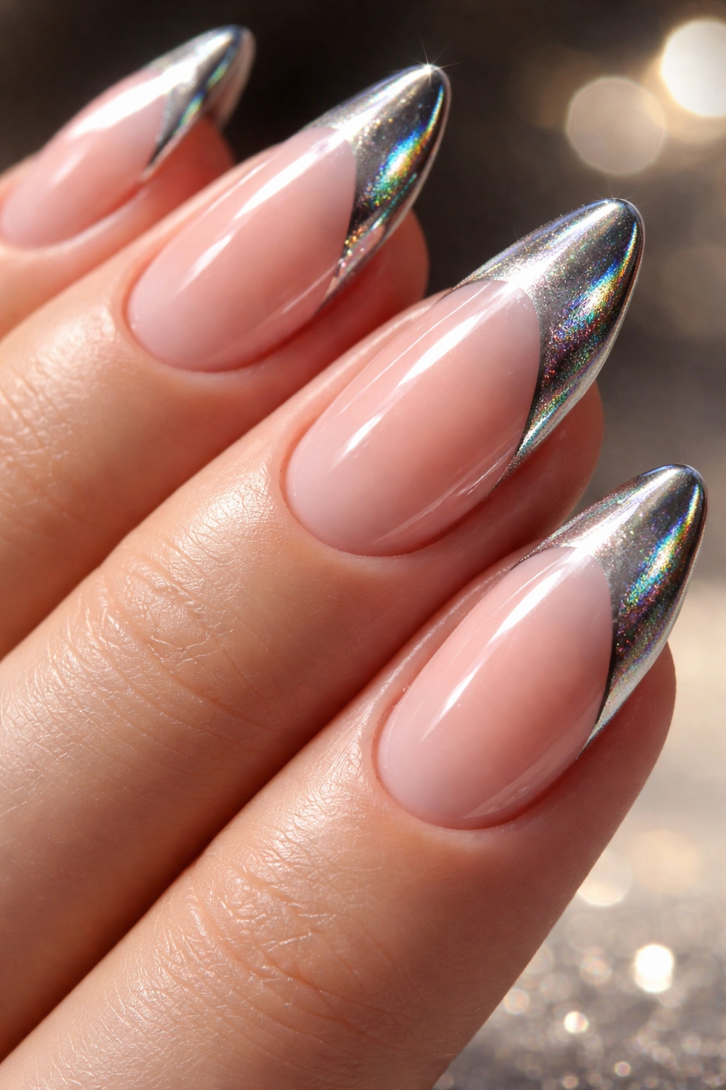 Close-up of nails with nude base and chrome cat-eye tips