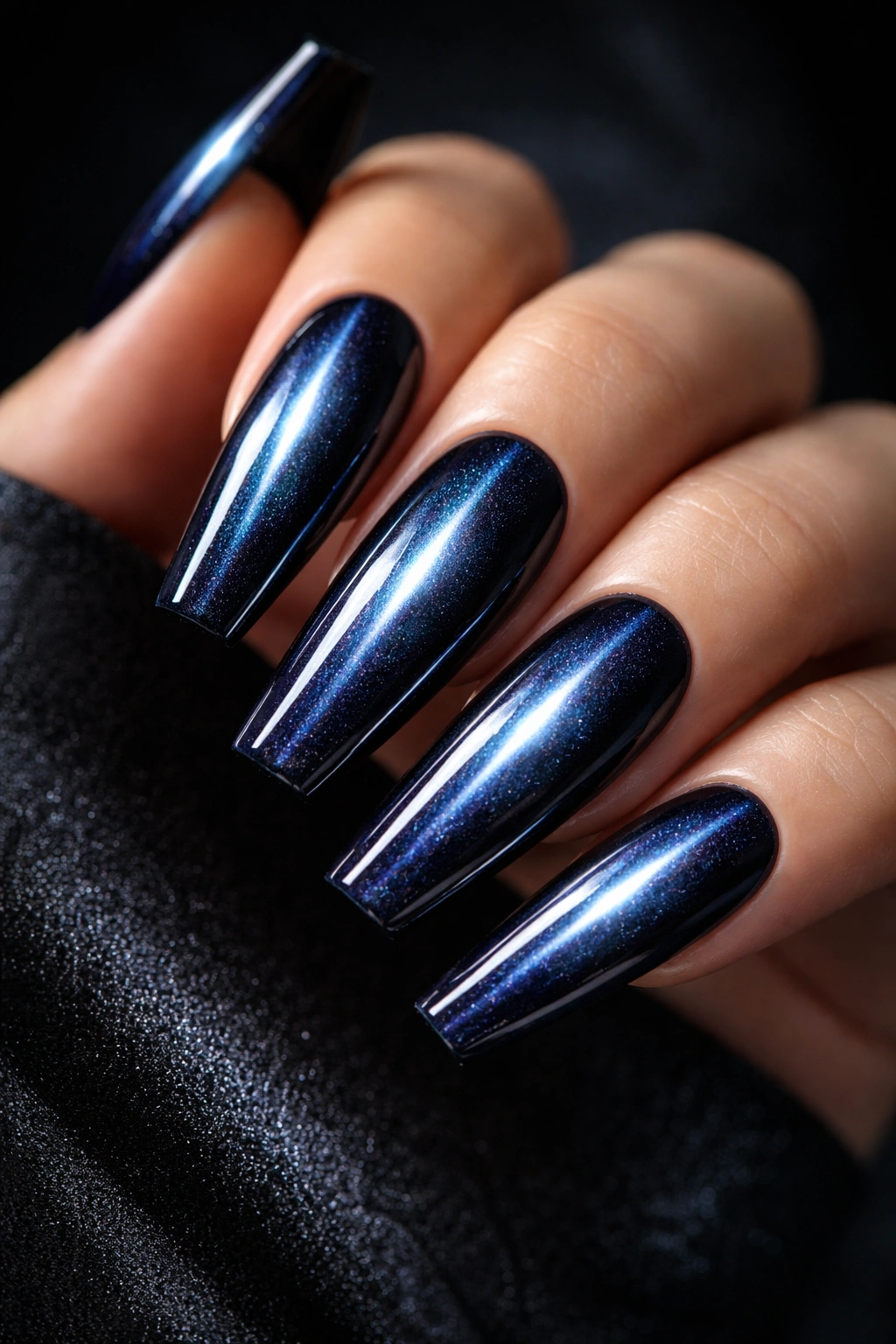 Close-up of cat eye coffin nails with a vertical lighter line on a dark navy base