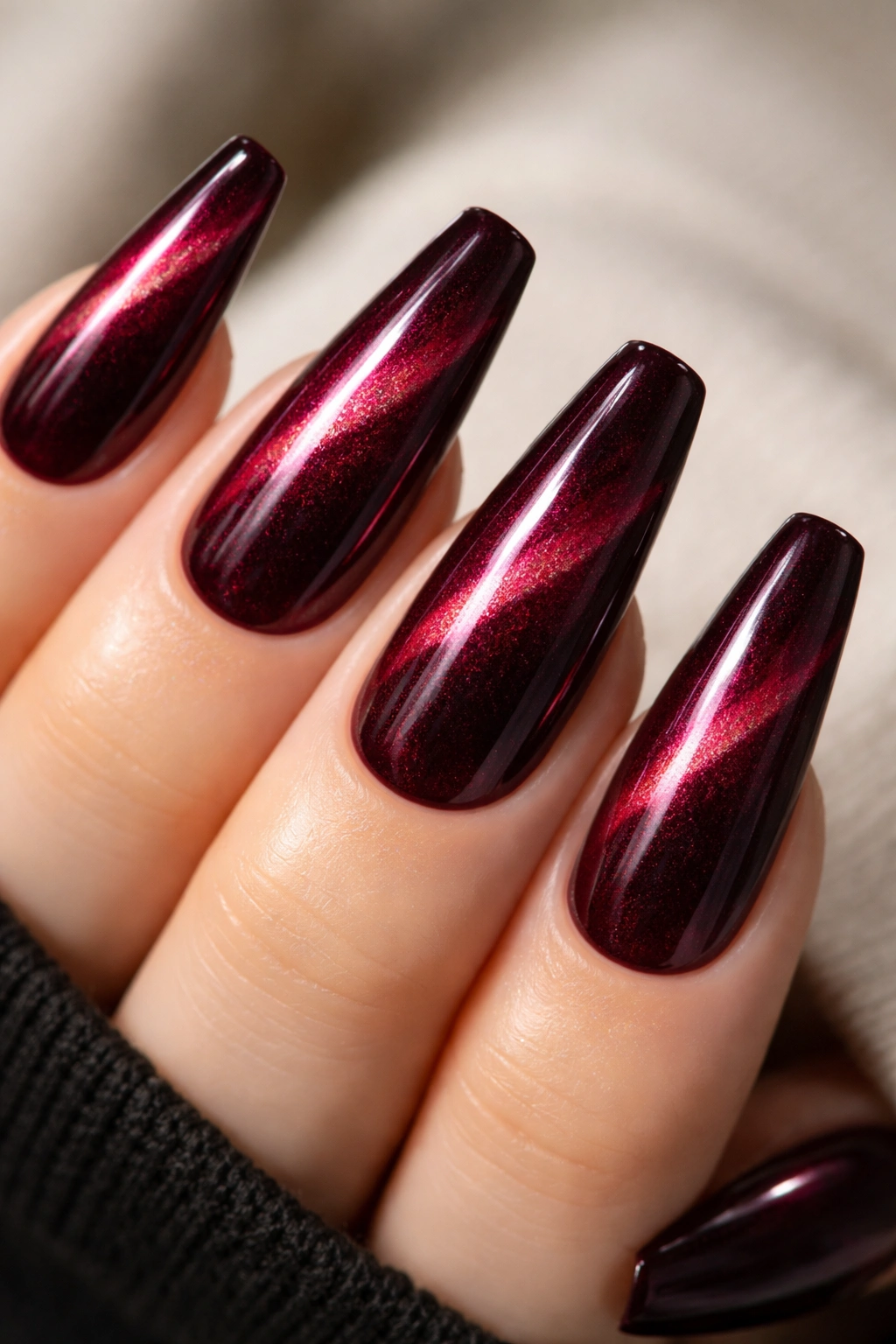 Garnet cat-eye ballerina nails with diagonal magnetic stripe on deep red base