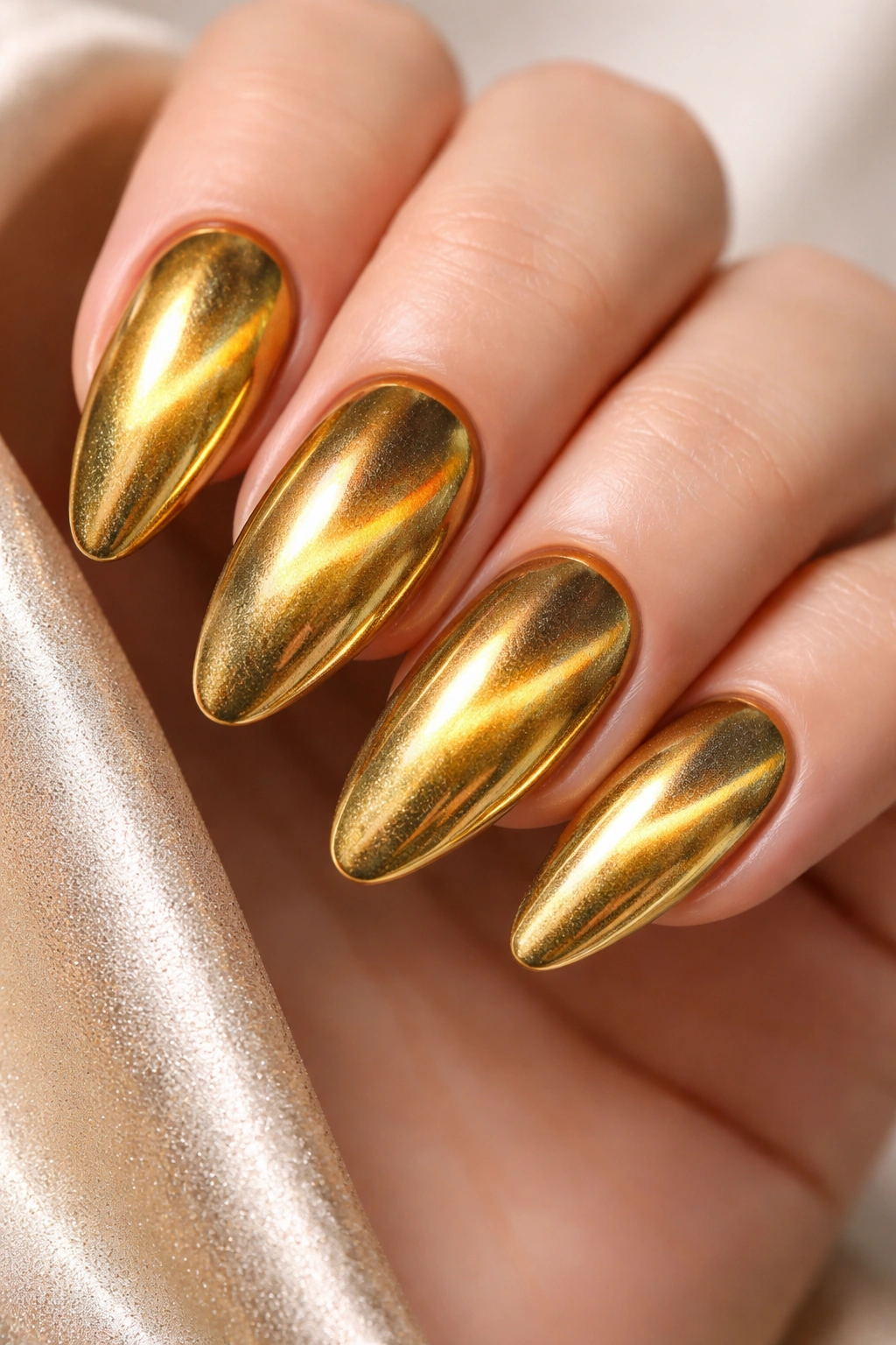Close-up of cat-eye gold chrome nails with magnetic stripe