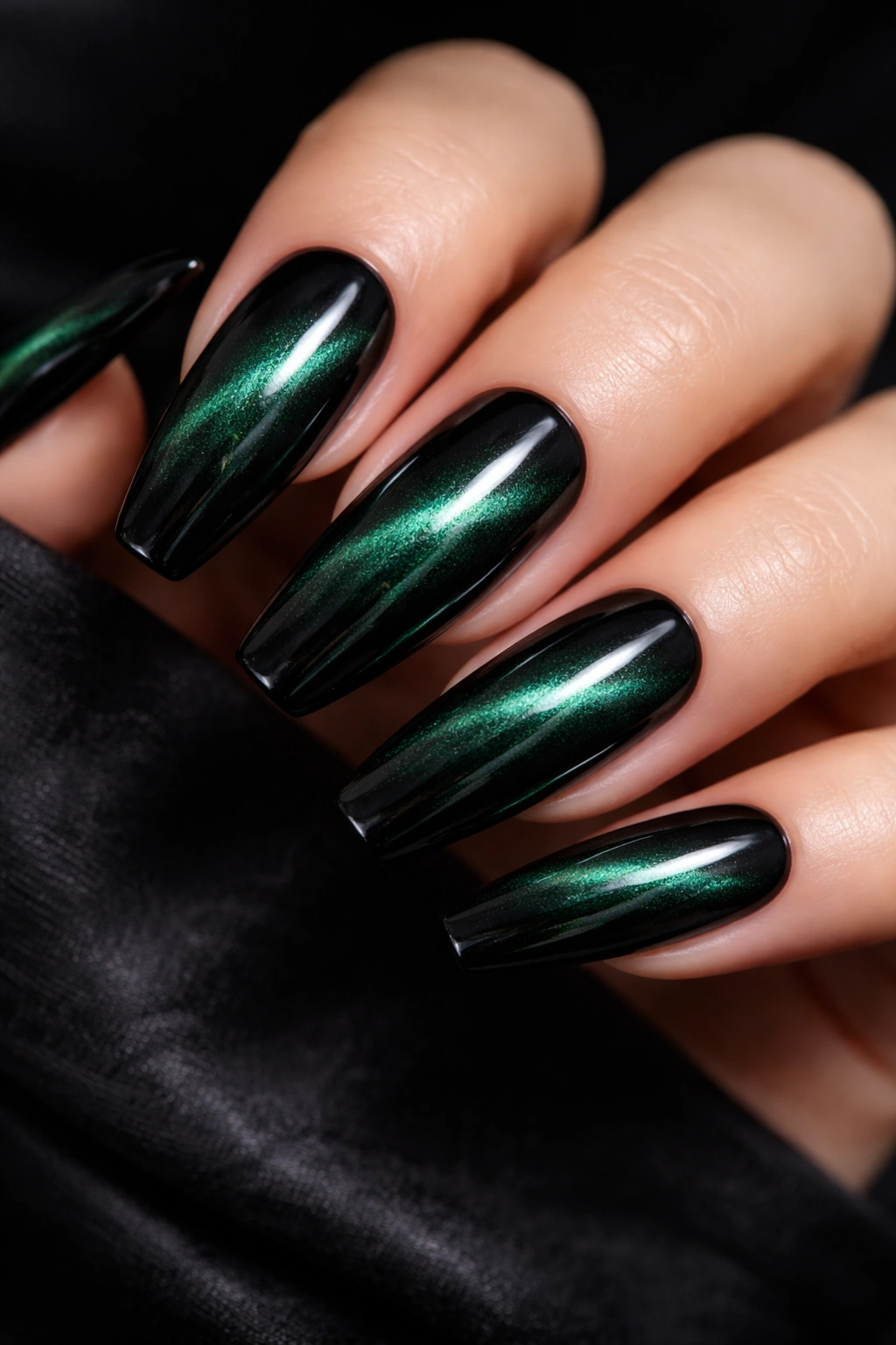 Close-up of midnight green cat-eye nails with diagonal magnetic streaks
