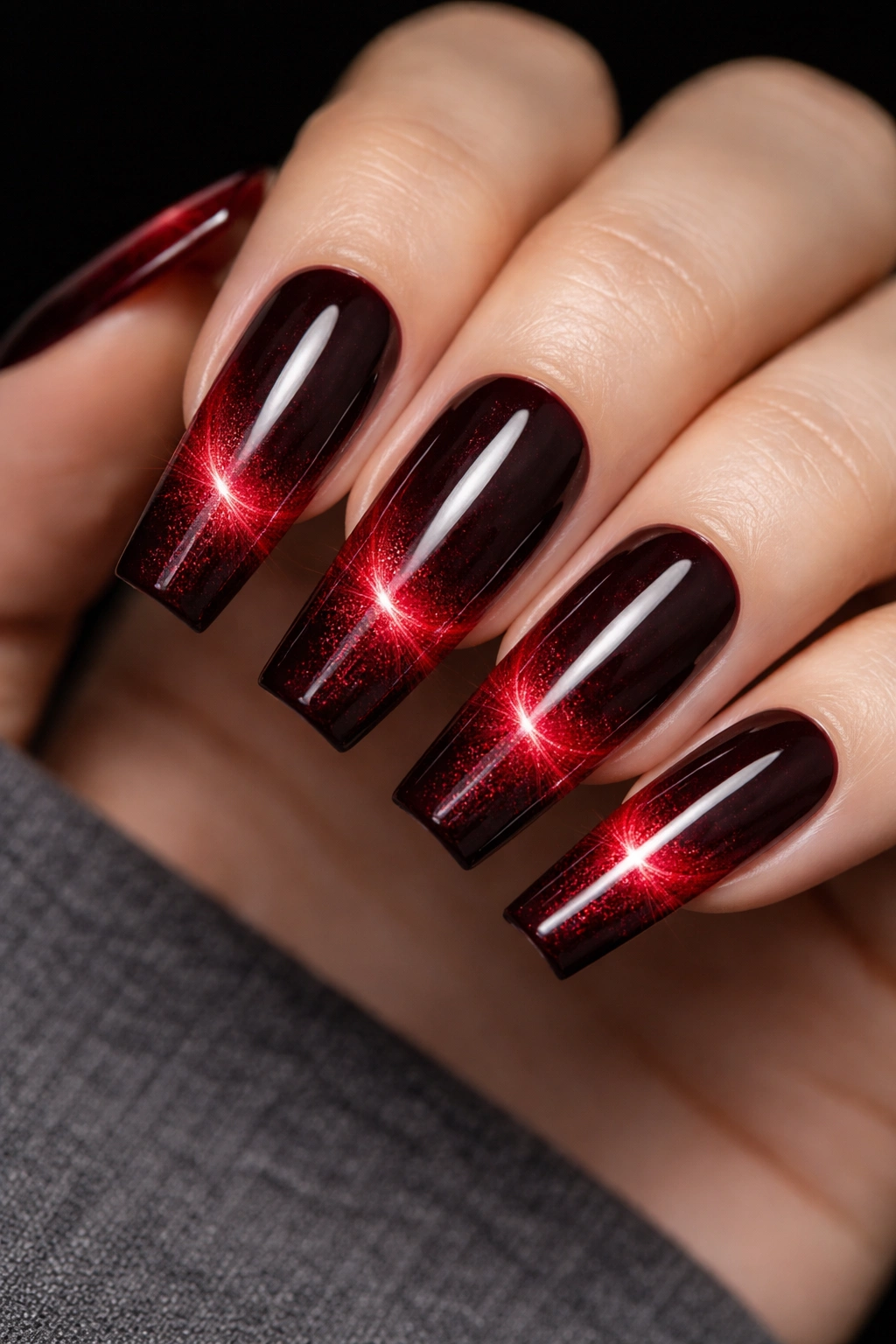 Velvet red cat-eye French tips with magnetic band on long ballerina nails