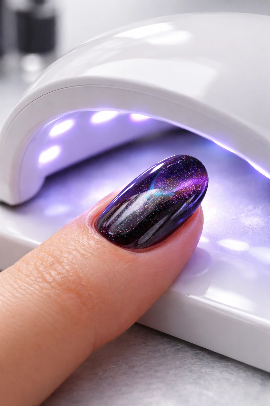 Close-up of a single nail under a curing lamp with magnetic gel for cat eye nails
