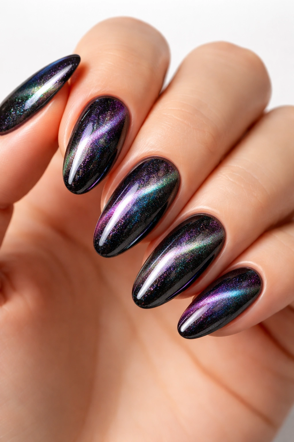 Close-up of cat eye nails with magnetic gel polish showing diagonal shimmer
