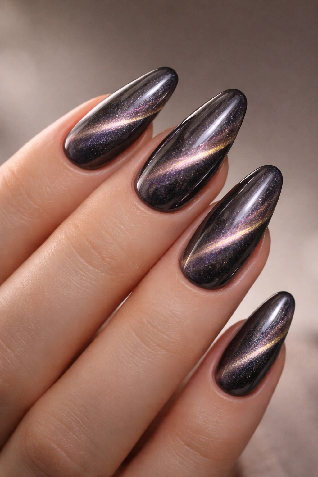 Cat eye nails close-up showing magnetic gel shimmer