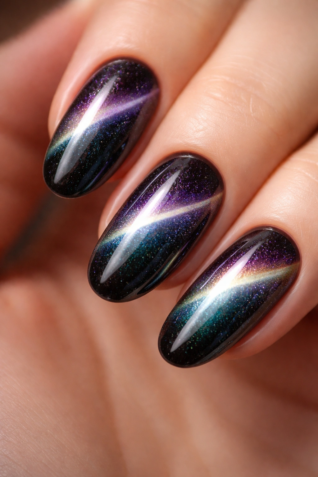 Close-up of cat eye nails showing magnetic shimmer lines on nail surface