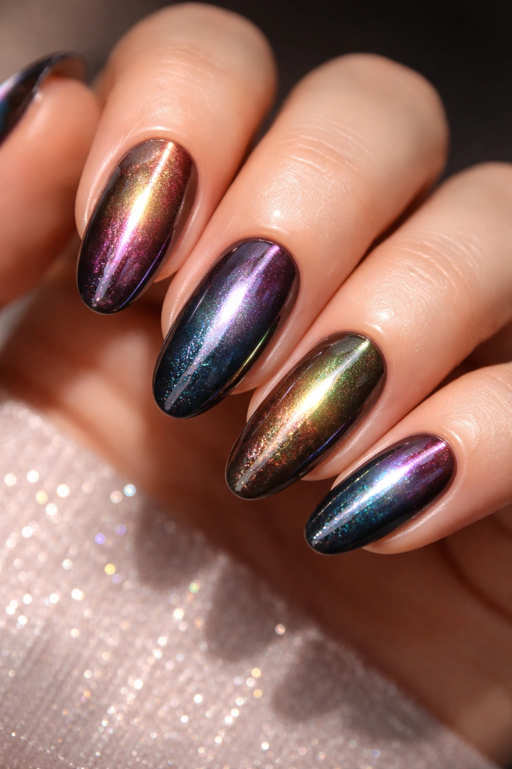 Close-up of cat-eye nails with a shifting vertical shimmer line