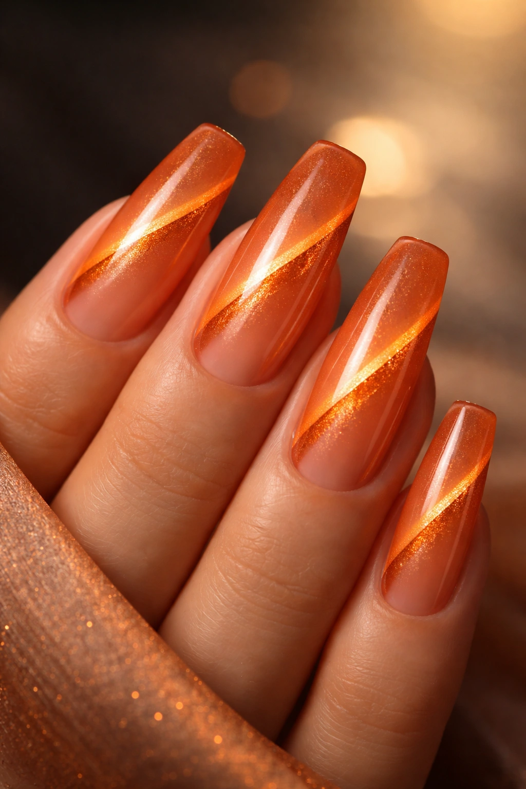 Clementine cat-eye nails with copper-gold stripe on orange base