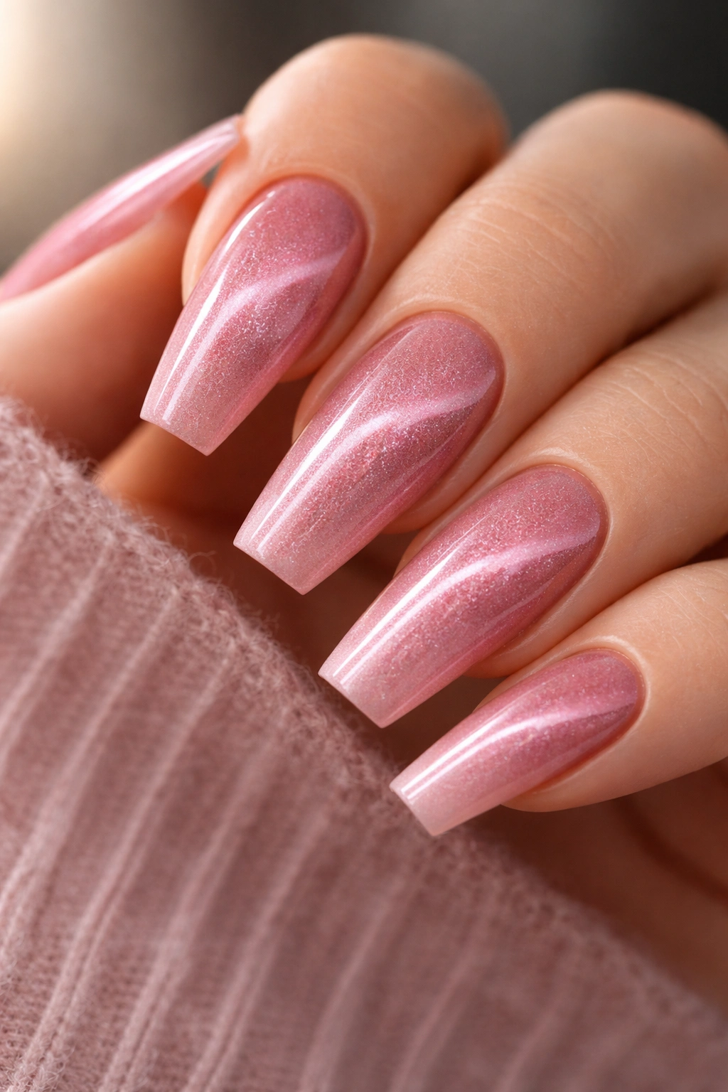 Close-up of velvet pink cat-eye nails with moving light band
