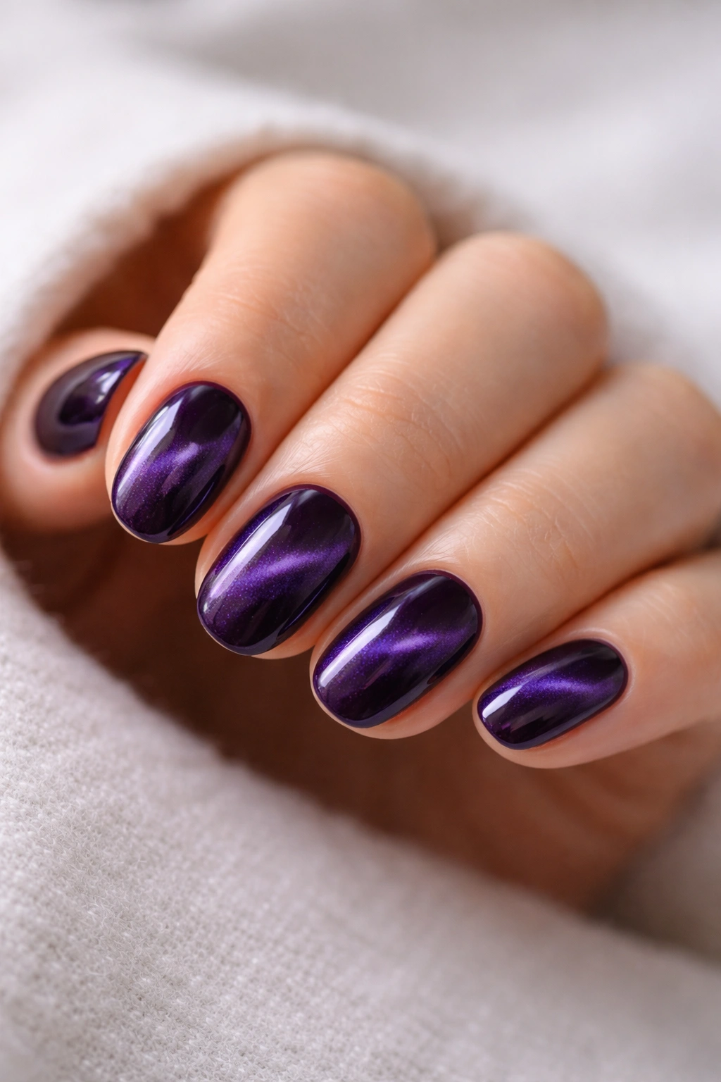 Close-up of short oval nails with dark purple cat-eye shine and diagonal magnetic line