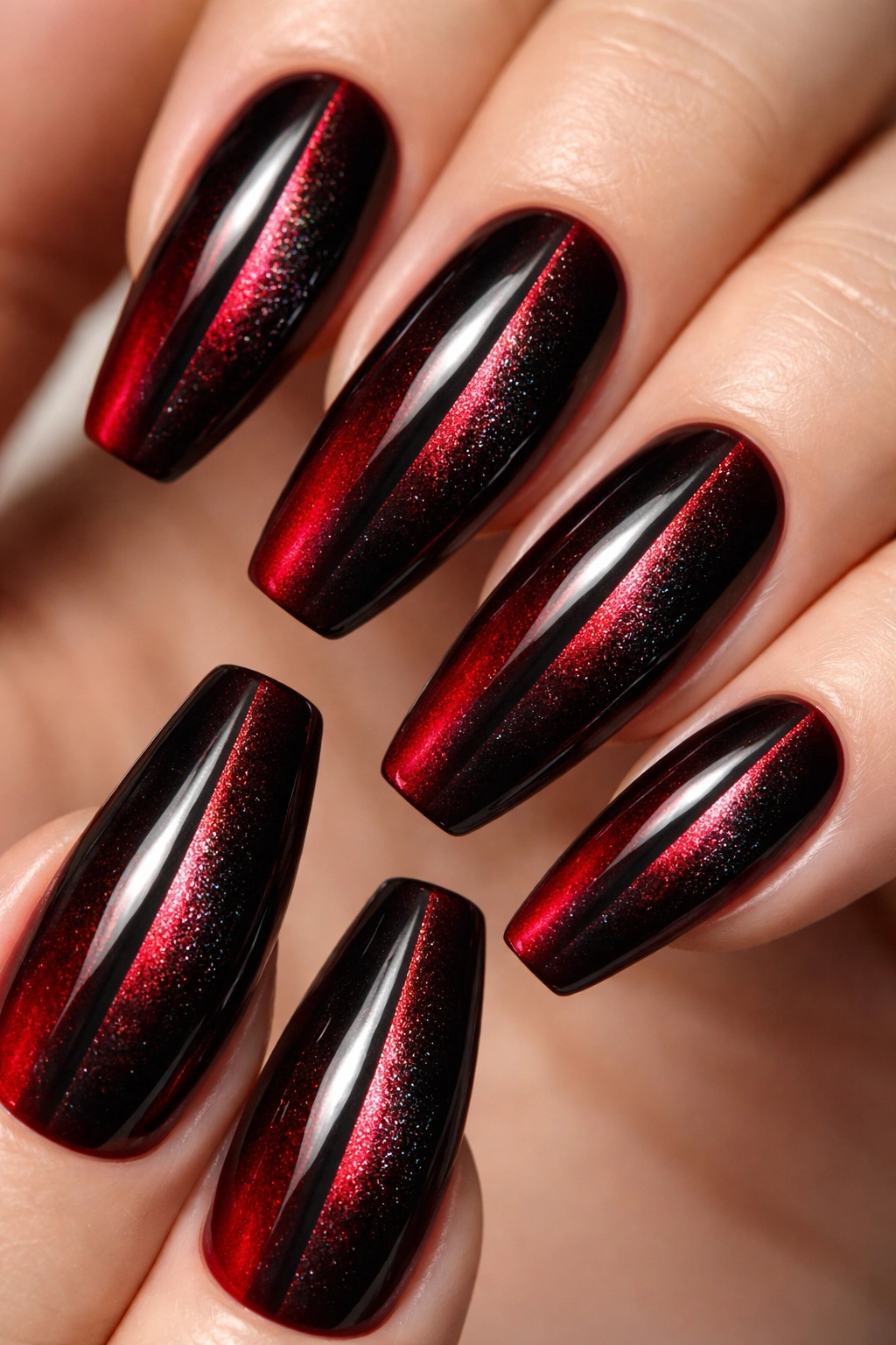 Red coffin nails with black cat eye shimmer and red accents