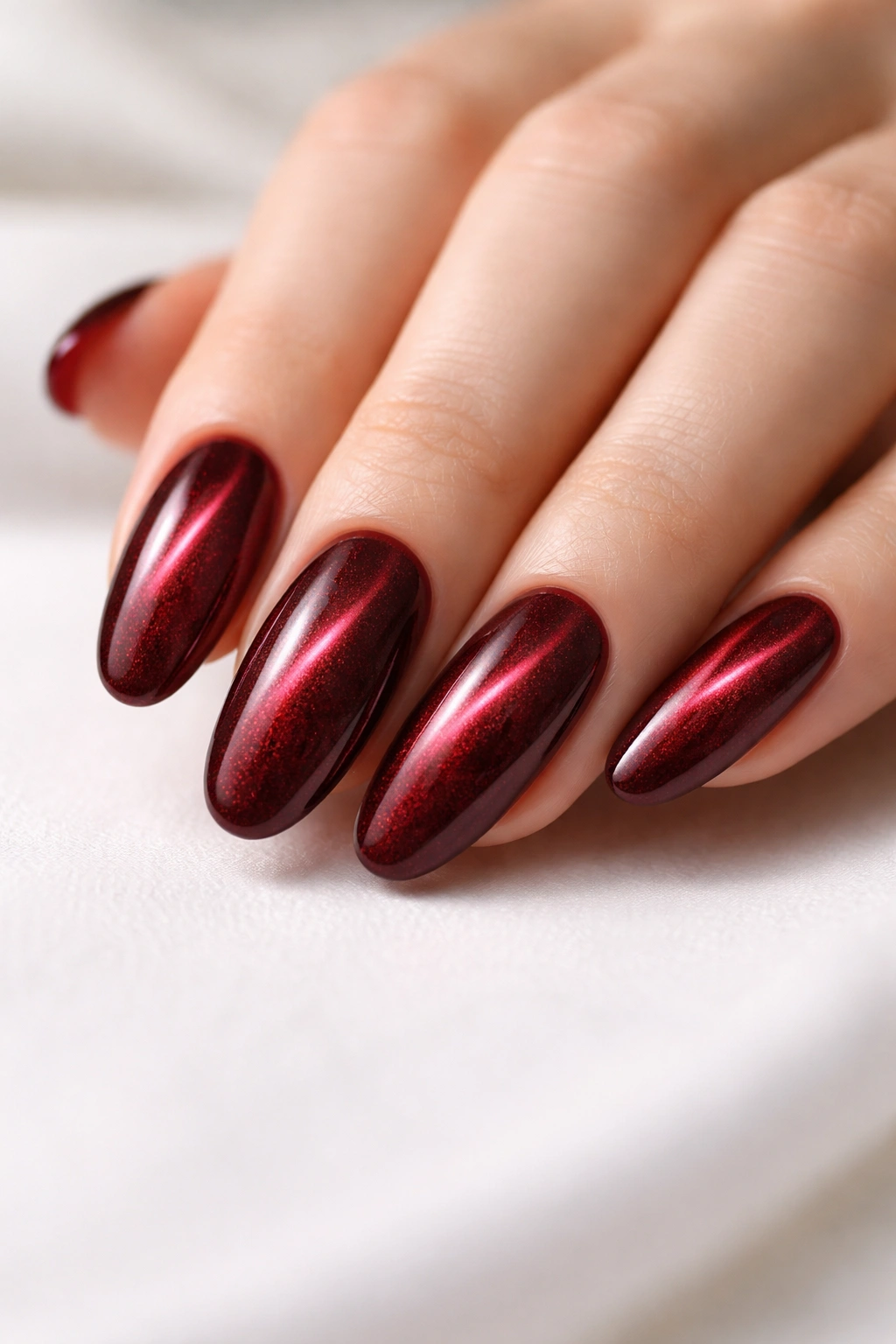Close-up of long oval red velvet cat-eye nails with magnetic shimmer.