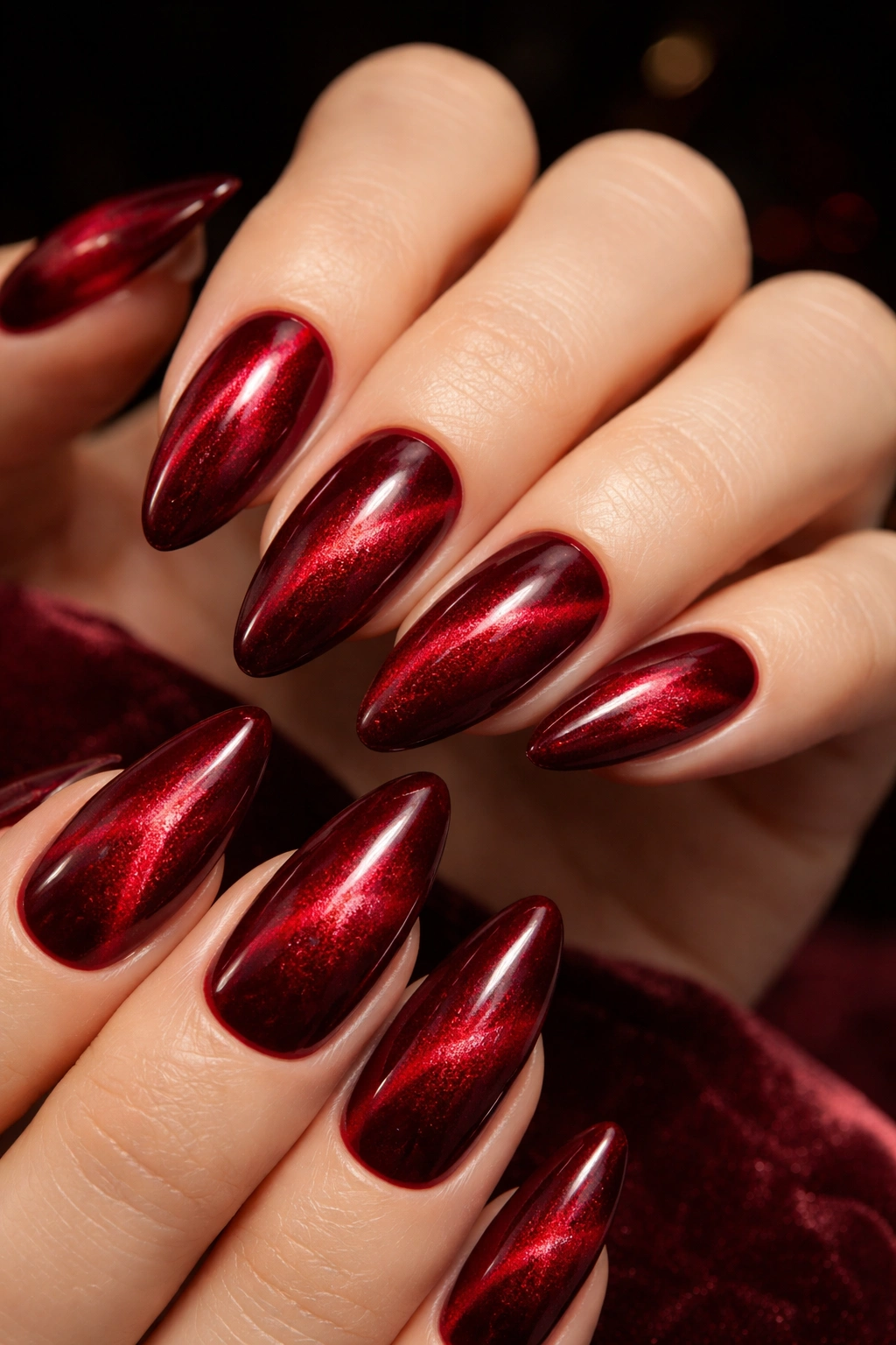 Almond nails with red velvet cat-eye magnetic shimmer