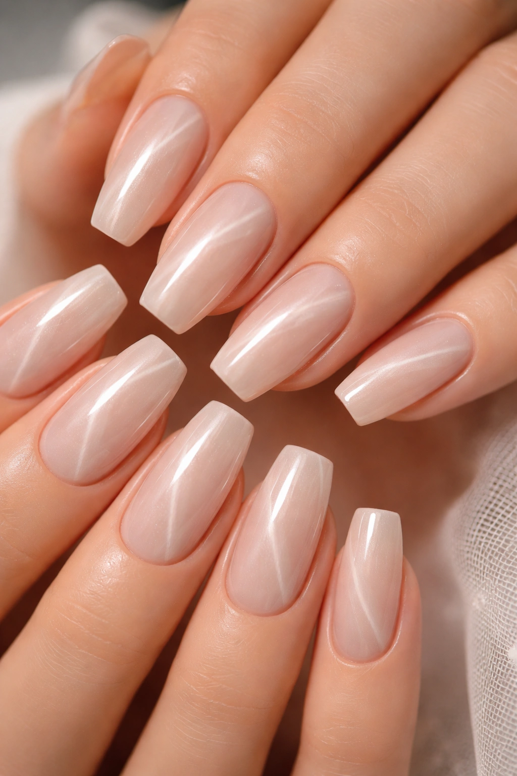 Cat-eye ribbon shine nails with diagonal shimmer on soft beige base