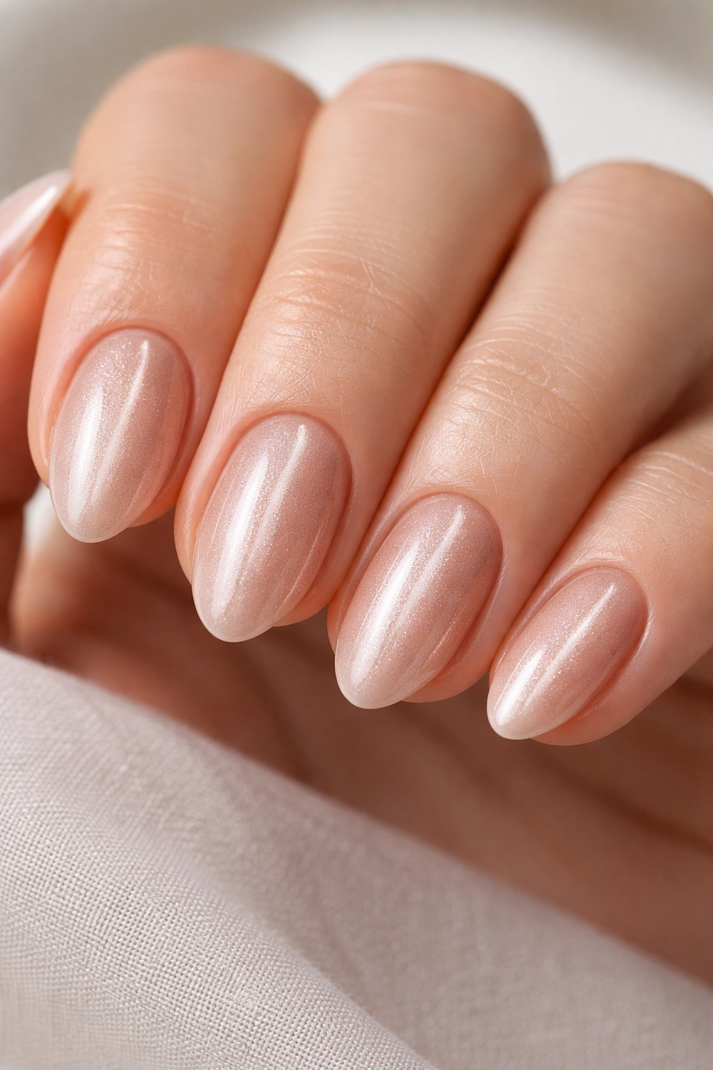 Close-up of short almond nails with cat-eye finish and vertical stripe on a neutral background
