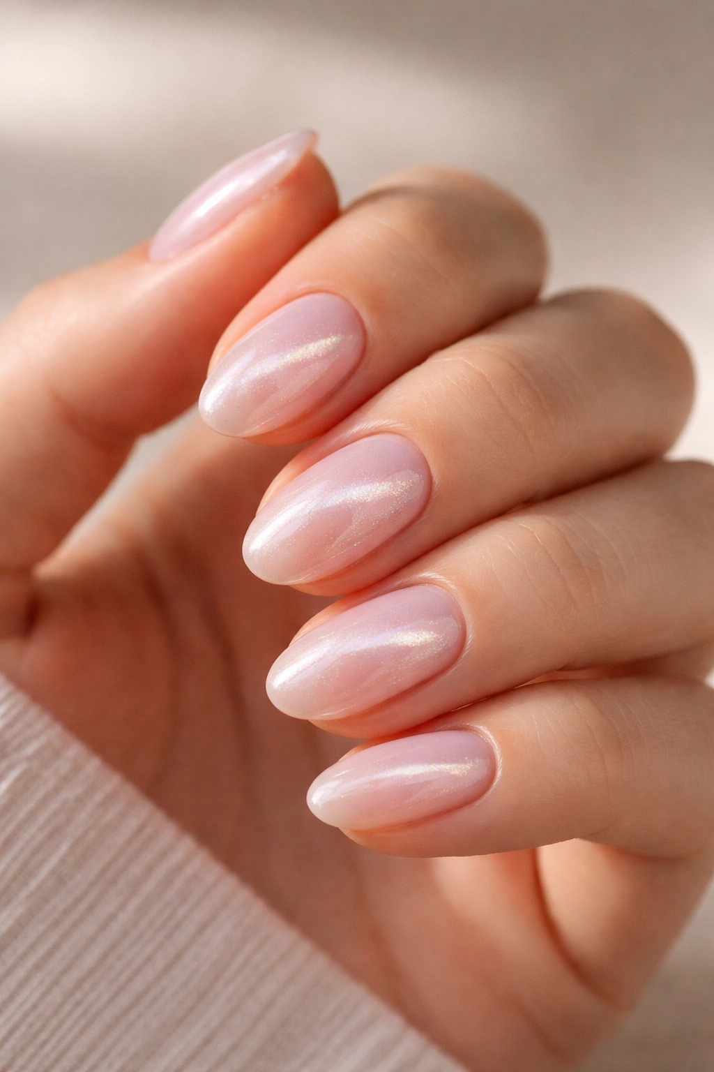 Close-up of short almond nails with soft pink base and cat-eye shimmer.