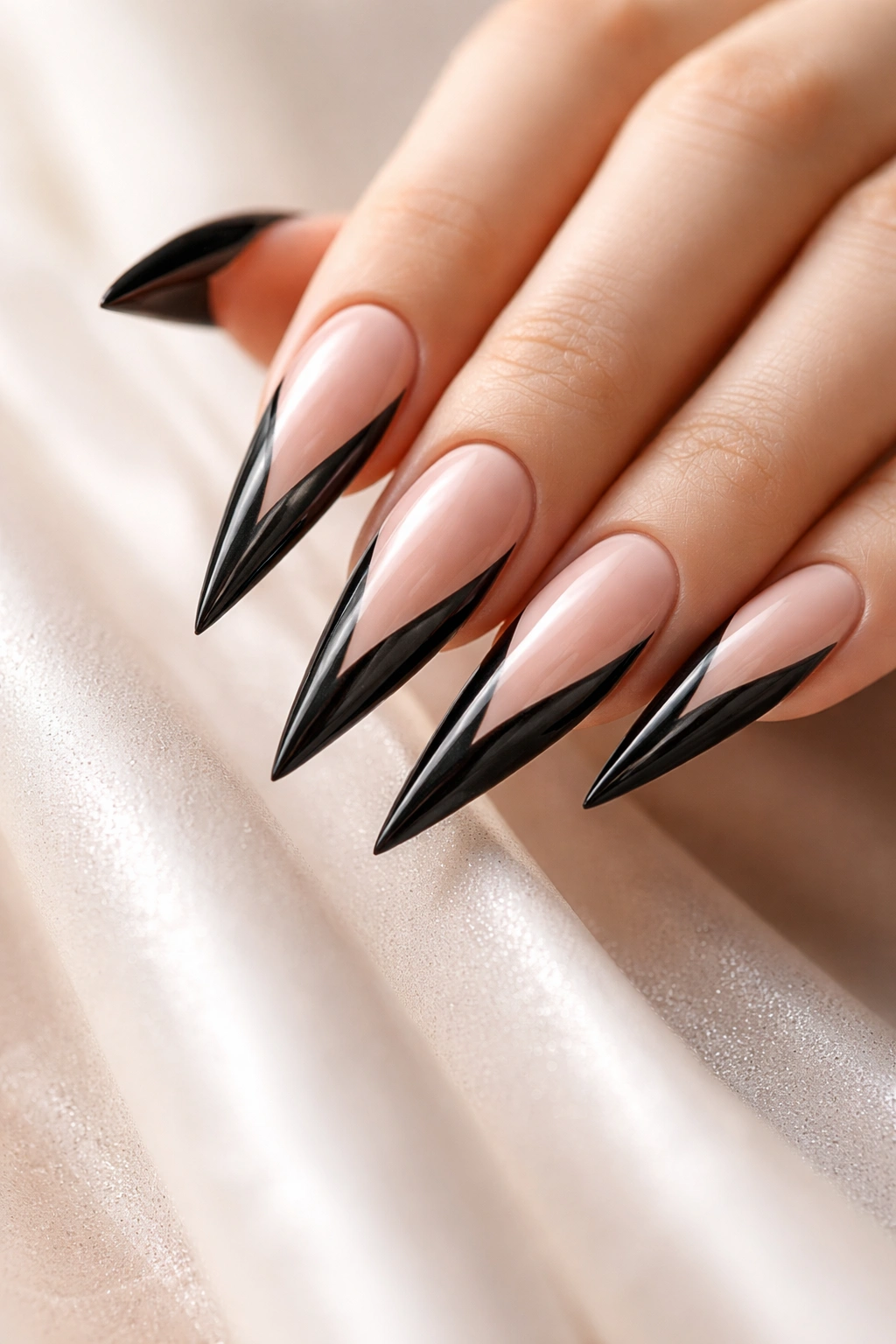 Nude base stiletto nails with black cat-eye winged lines