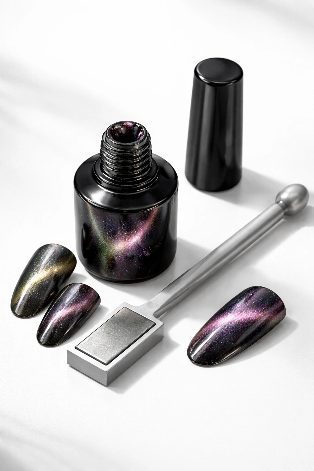 Close-up of magnetic gel polish bottle and magnet tool on white surface