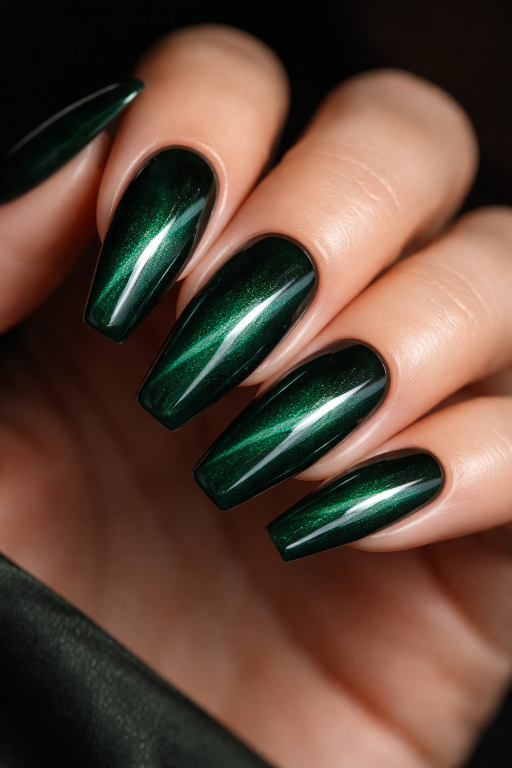 Dark pine green nails with velvet cat-eye diagonal pull