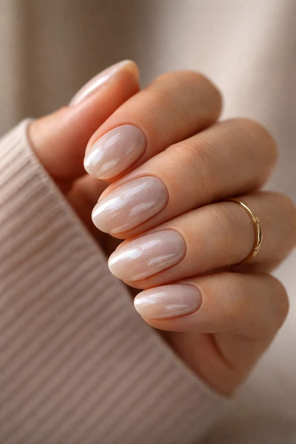 Close-up of pearl cat-eye short oval nails with magnetic shimmer