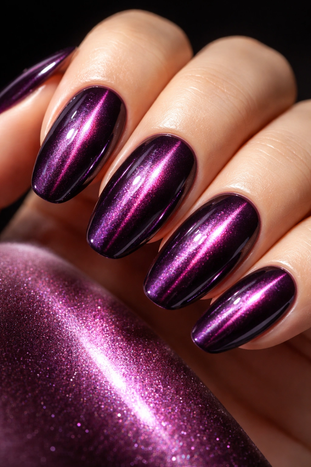Cat Eye Plum Chrome nails with magnetic stripe and chrome shine