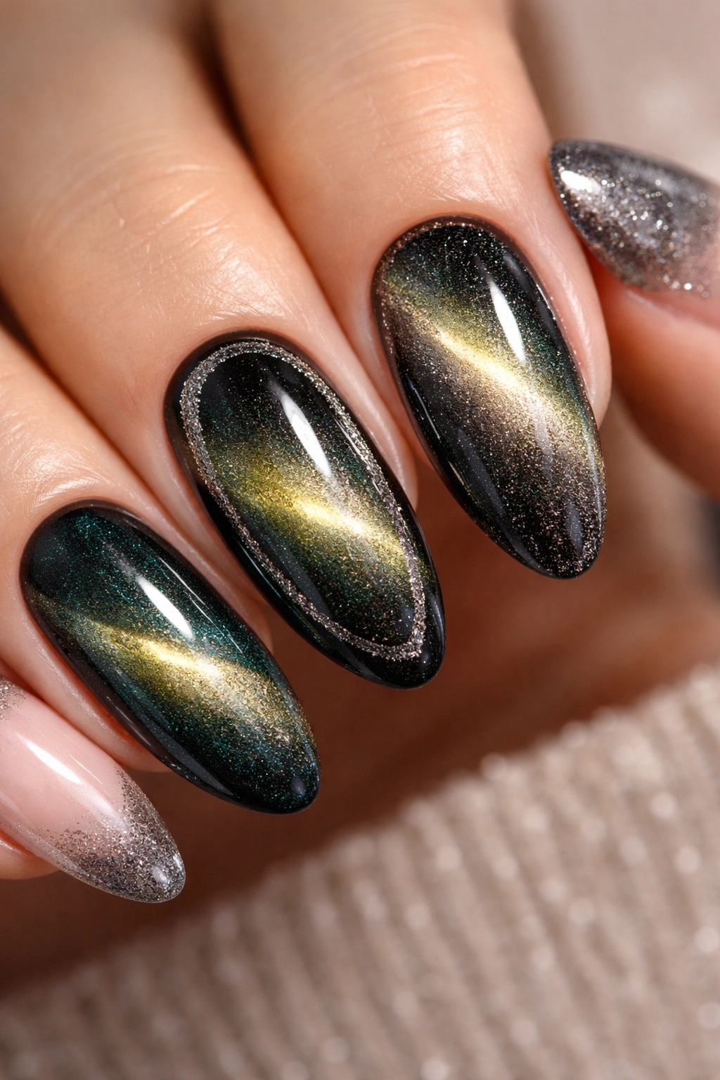 Hand showcasing different cat eye nail designs: full activation, framed, and French tip